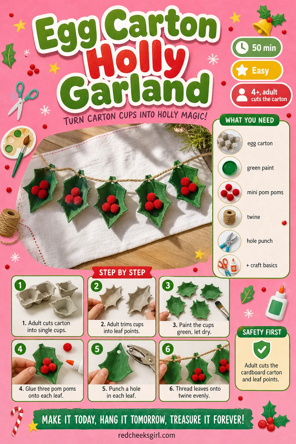 Egg Carton Holly Garland Craft Card printable sheet. Preschool christmas crafts