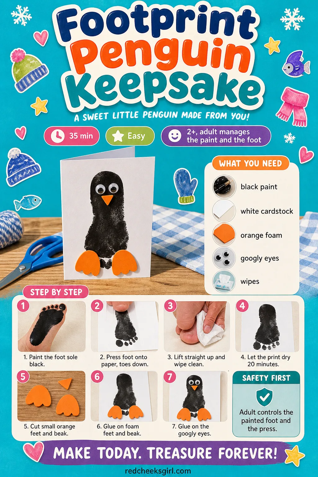 Footprint Penguin Keepsake Craft Card printable sheet. Preschool christmas crafts