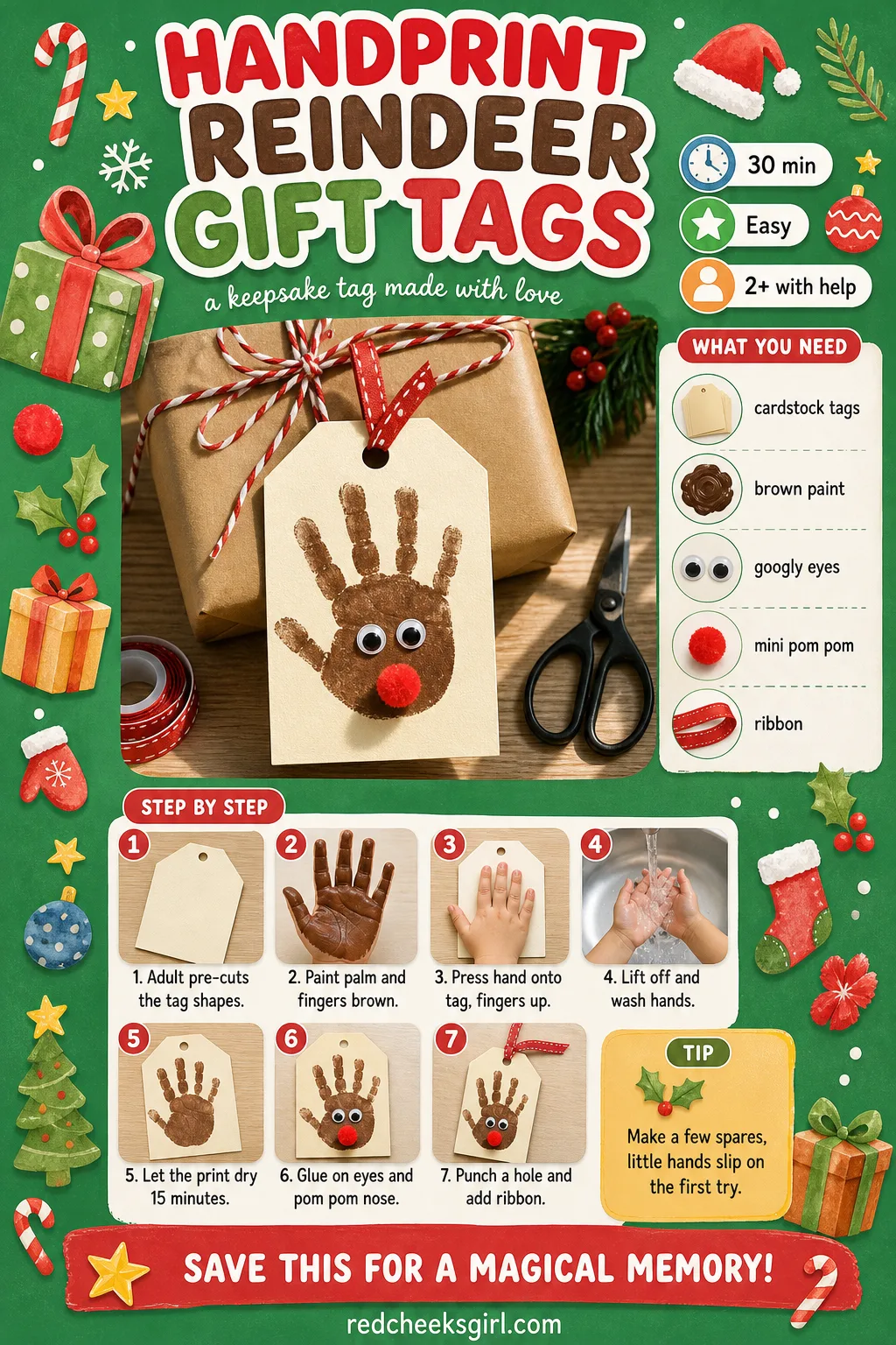 Handprint Reindeer Gift Tags Craft Card printable sheet. Preschool christmas crafts