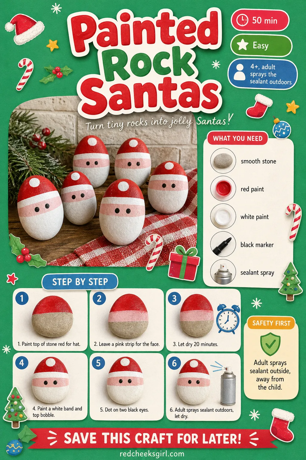 Painted Rock Santas Craft Card printable sheet. Preschool christmas crafts