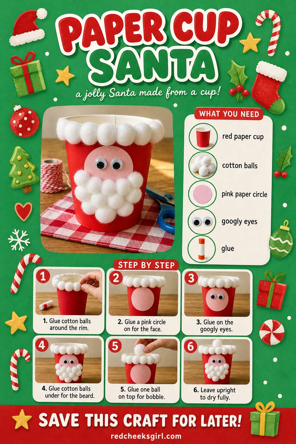 Paper Cup Santa Craft Card printable sheet. Preschool christmas crafts