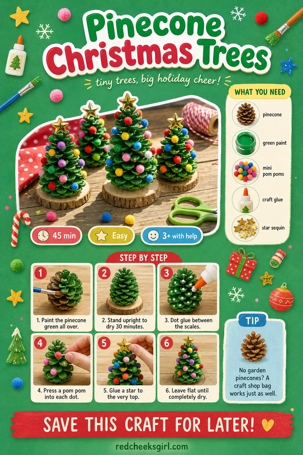 Pinecone Christmas Trees Craft Card printable sheet. Preschool christmas crafts