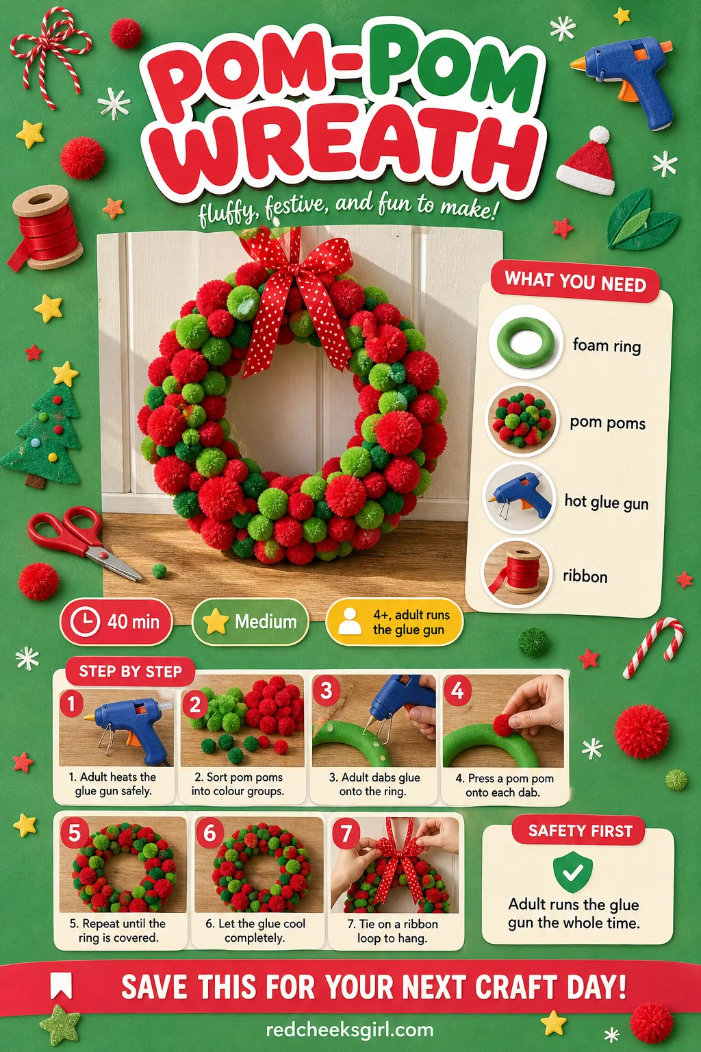 Pom-Pom Wreath Craft Card printable sheet. Preschool christmas crafts