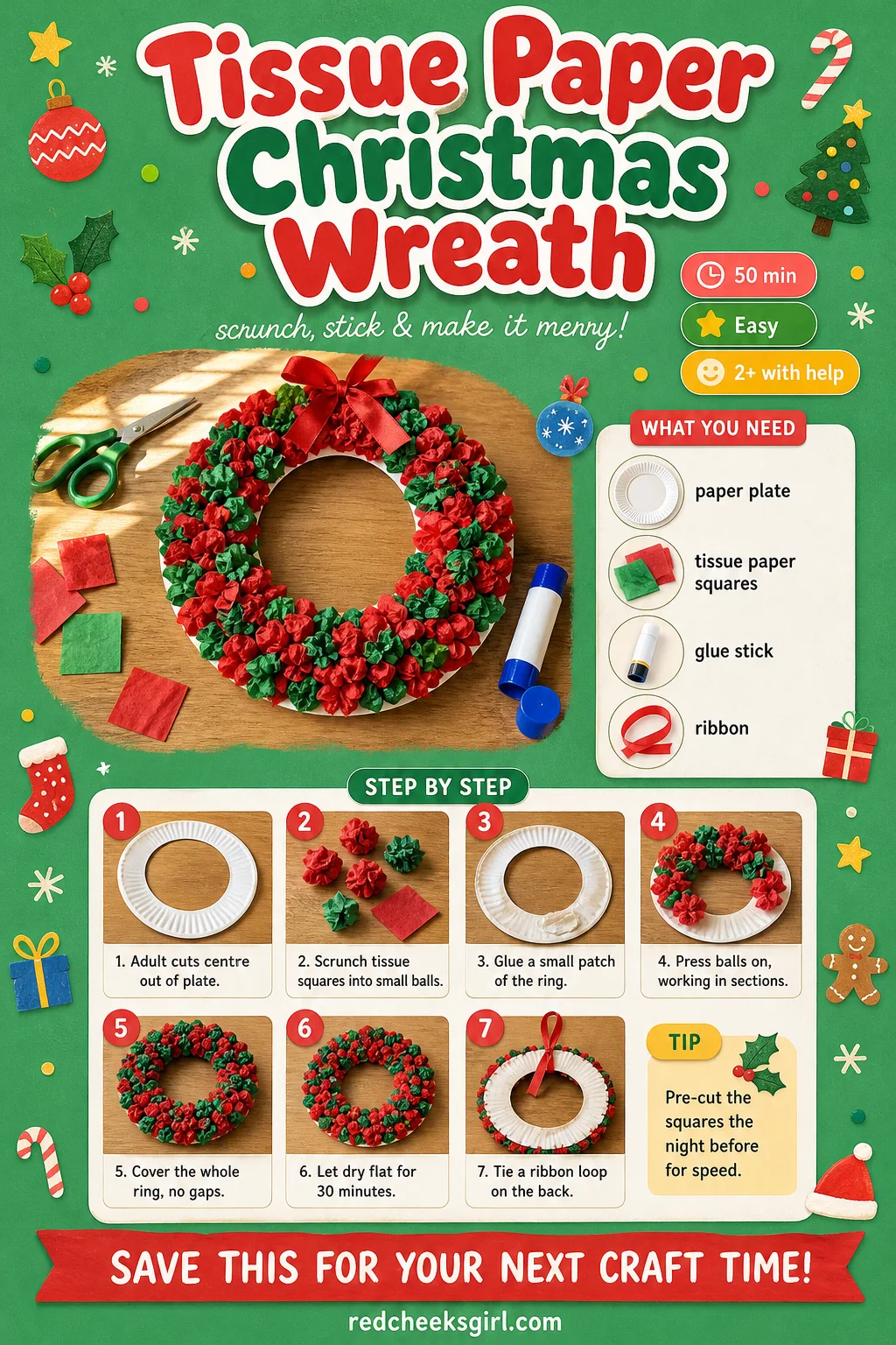 Tissue Paper Christmas Wreath Craft Card printable sheet. Preschool christmas crafts
