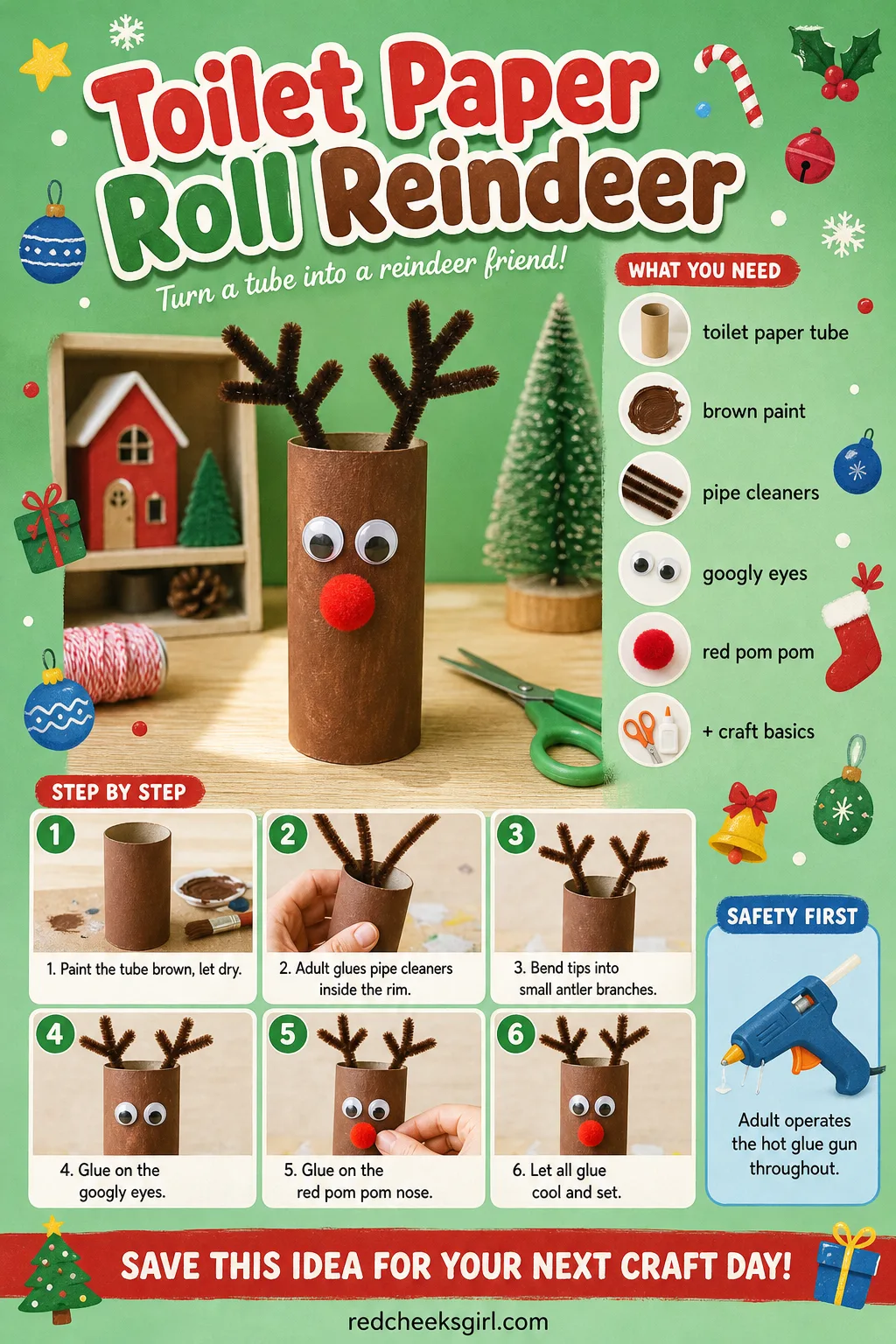 Toilet Paper Roll Reindeer Craft Card printable sheet. Preschool christmas crafts