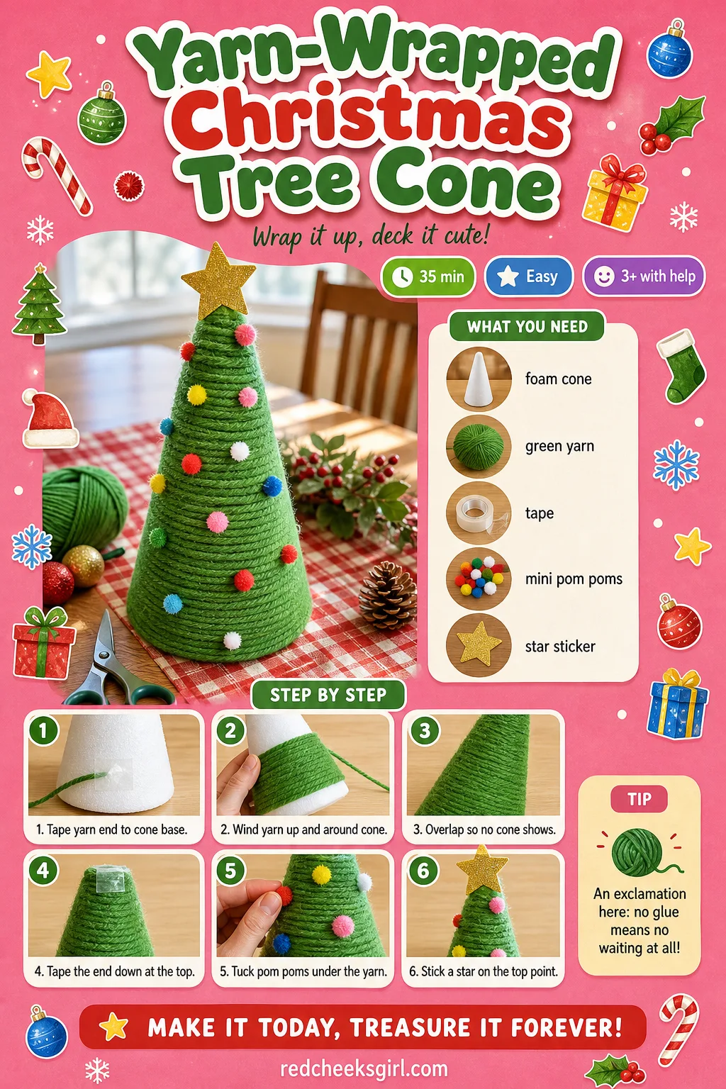 Yarn-Wrapped Christmas Tree Cone Craft Card printable sheet. Preschool christmas crafts