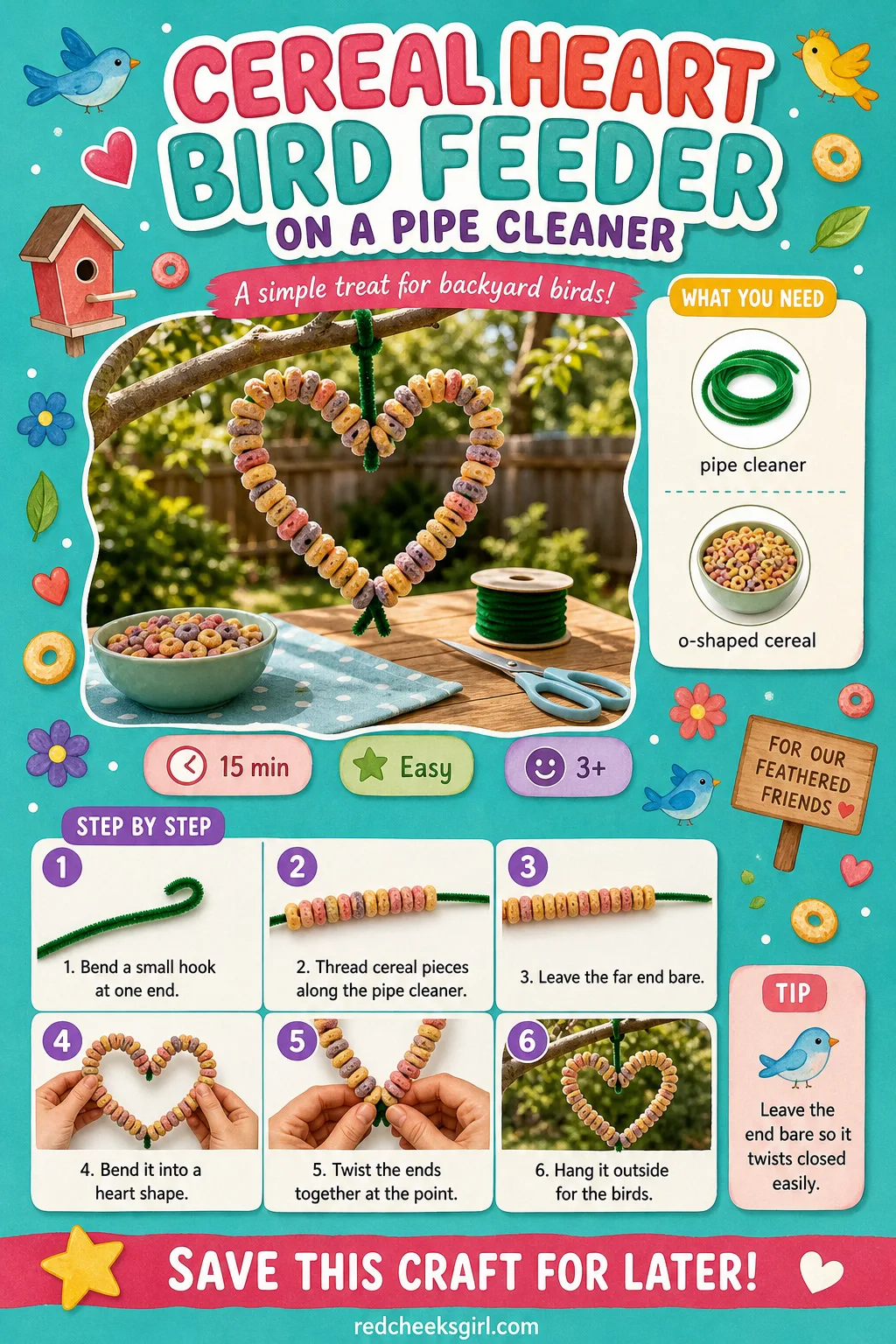 Cereal Heart Bird Feeder Craft Card printable sheet — Printable card with a finished bird feeder photo, two materials and six steps. Preschool valentine crafts