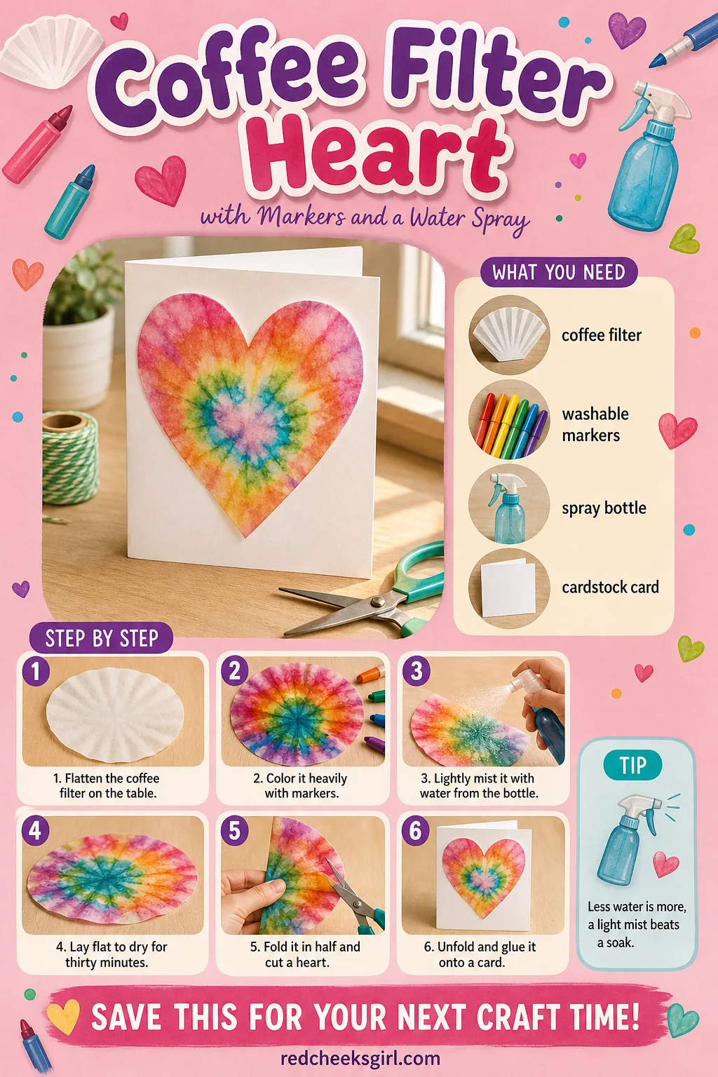 Coffee Filter Heart Craft Card printable sheet — Printable card with a finished bloomed coffee filter heart photo, six materials and six steps. Preschool