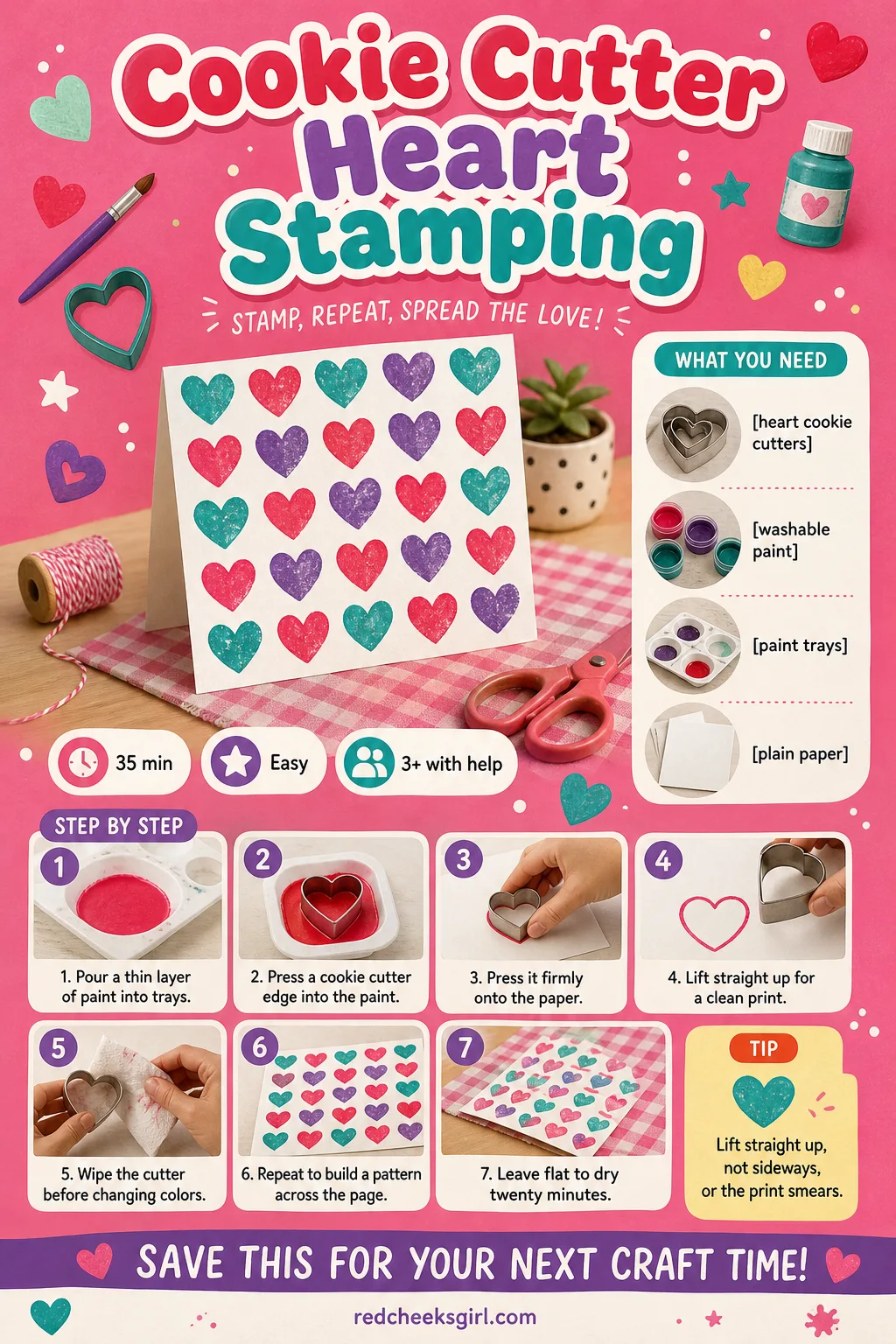 Cookie Cutter Heart Stamping Craft Card printable sheet — Printable card with a finished stamped pattern photo, three materials and six steps. Preschool