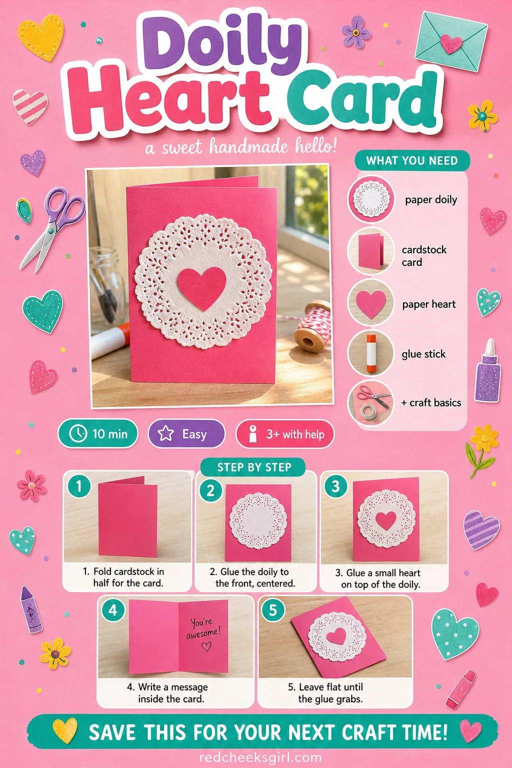 Doily Heart Card Craft Card printable sheet — Printable card with a finished doily card photo, five materials and five steps. Preschool valentine crafts