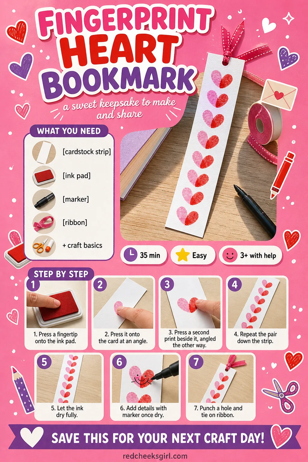 Fingerprint Heart Bookmark Craft Card printable sheet — Printable card with a finished bookmark photo, five materials and seven steps. Preschool valentine