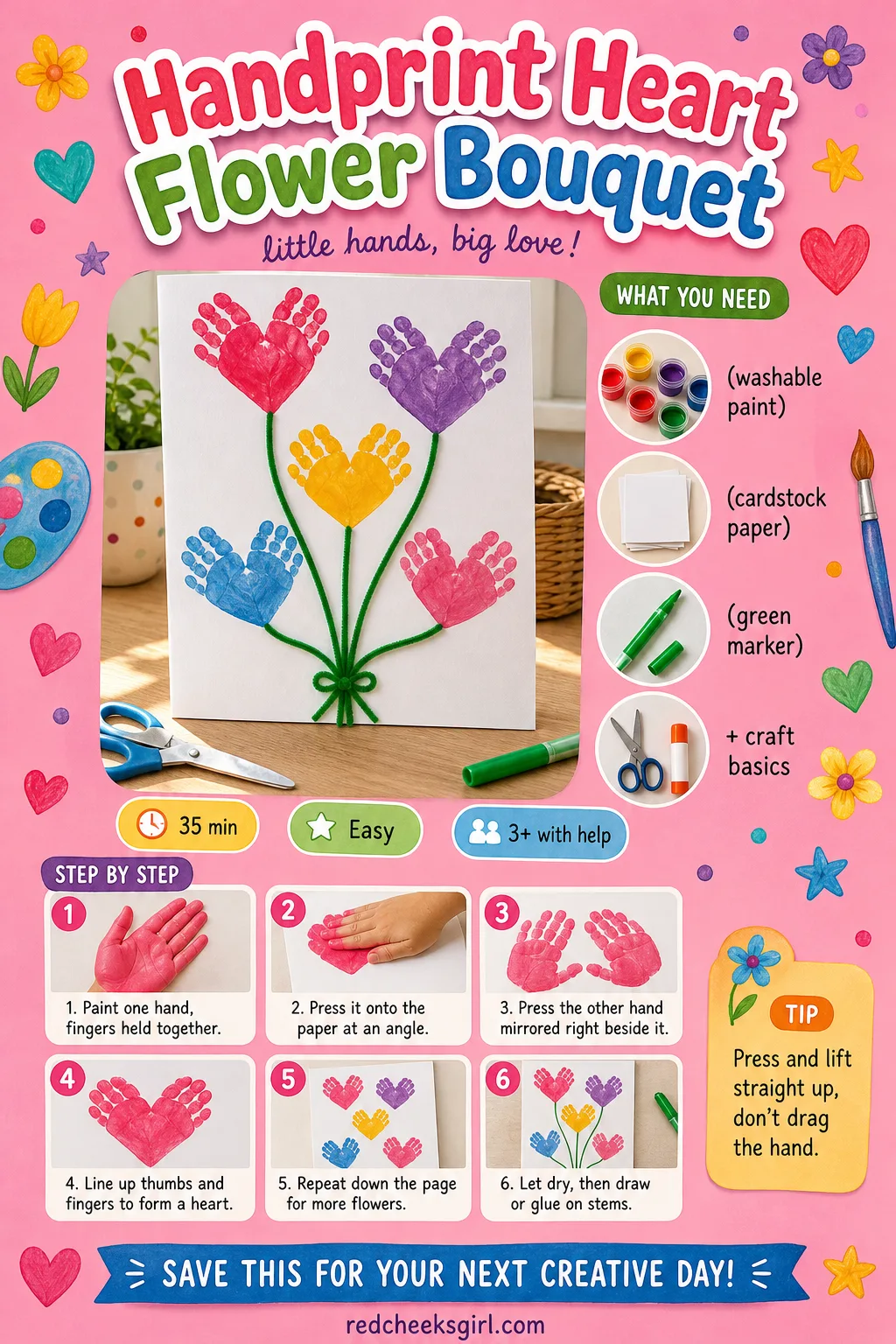 Handprint Heart Flower Bouquet Craft Card printable sheet — Printable card with a finished handprint bouquet photo, four materials and five steps. Preschool