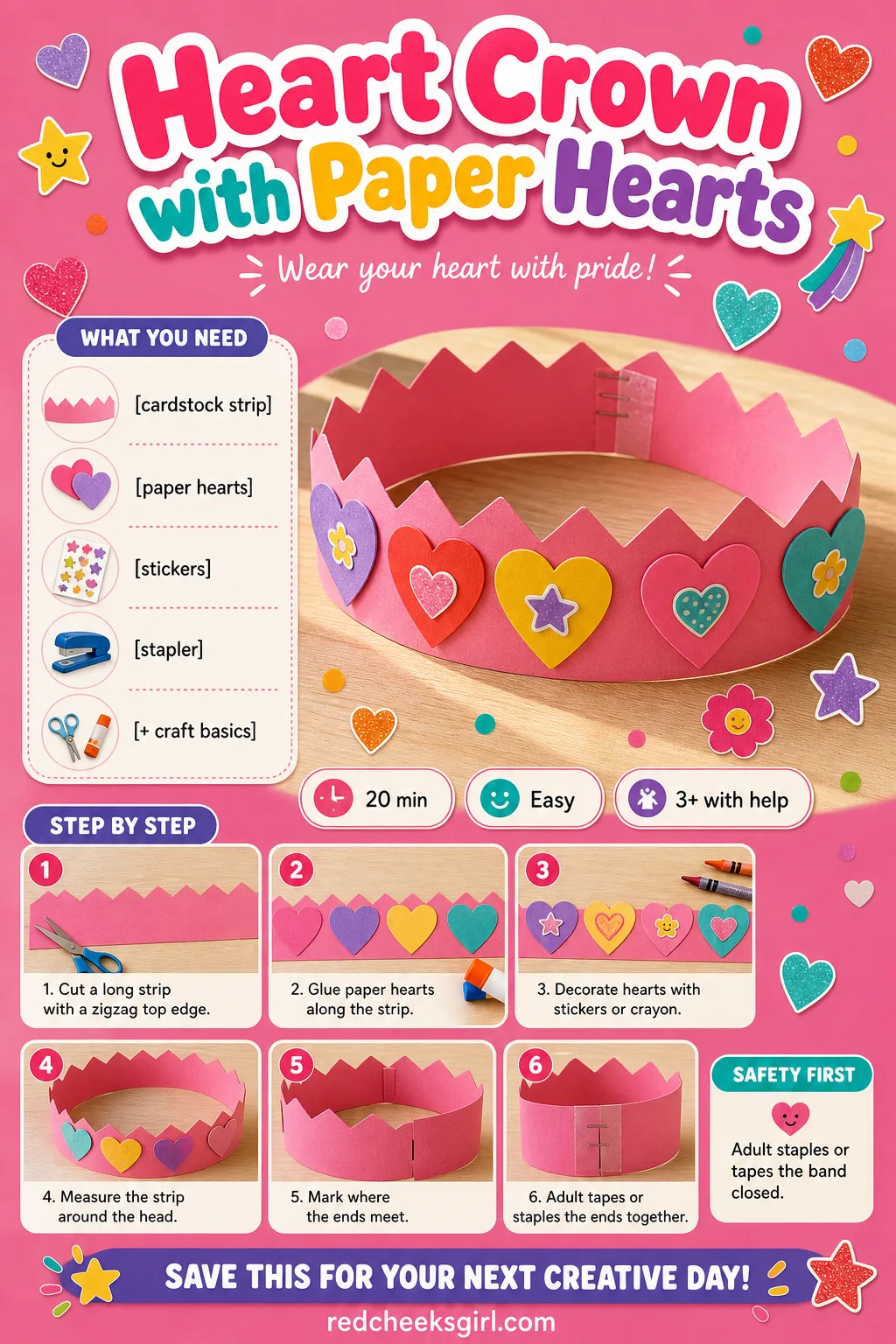 Heart Crown Craft Card printable sheet — Printable card with a finished heart crown photo, five materials and five steps. Preschool valentine crafts