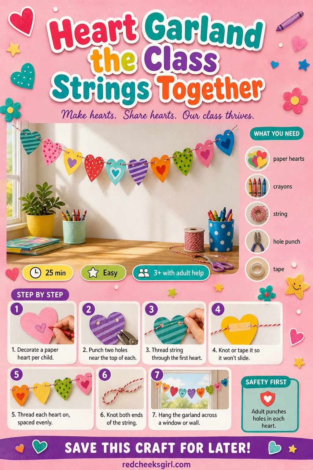 Heart Garland Craft Card printable sheet — Printable card with a finished strung garland photo, five materials and six steps. Preschool valentine crafts