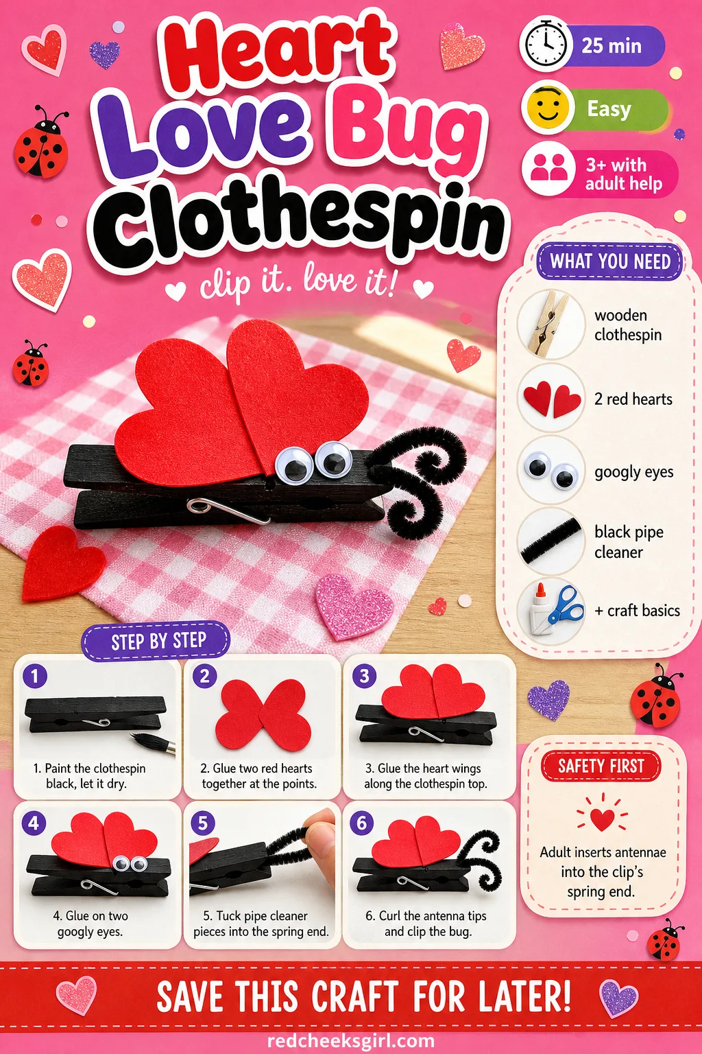 Heart Love Bug Clothespin Craft Card printable sheet — Printable card with a finished love bug photo, the six materials and six steps. Preschool valentine