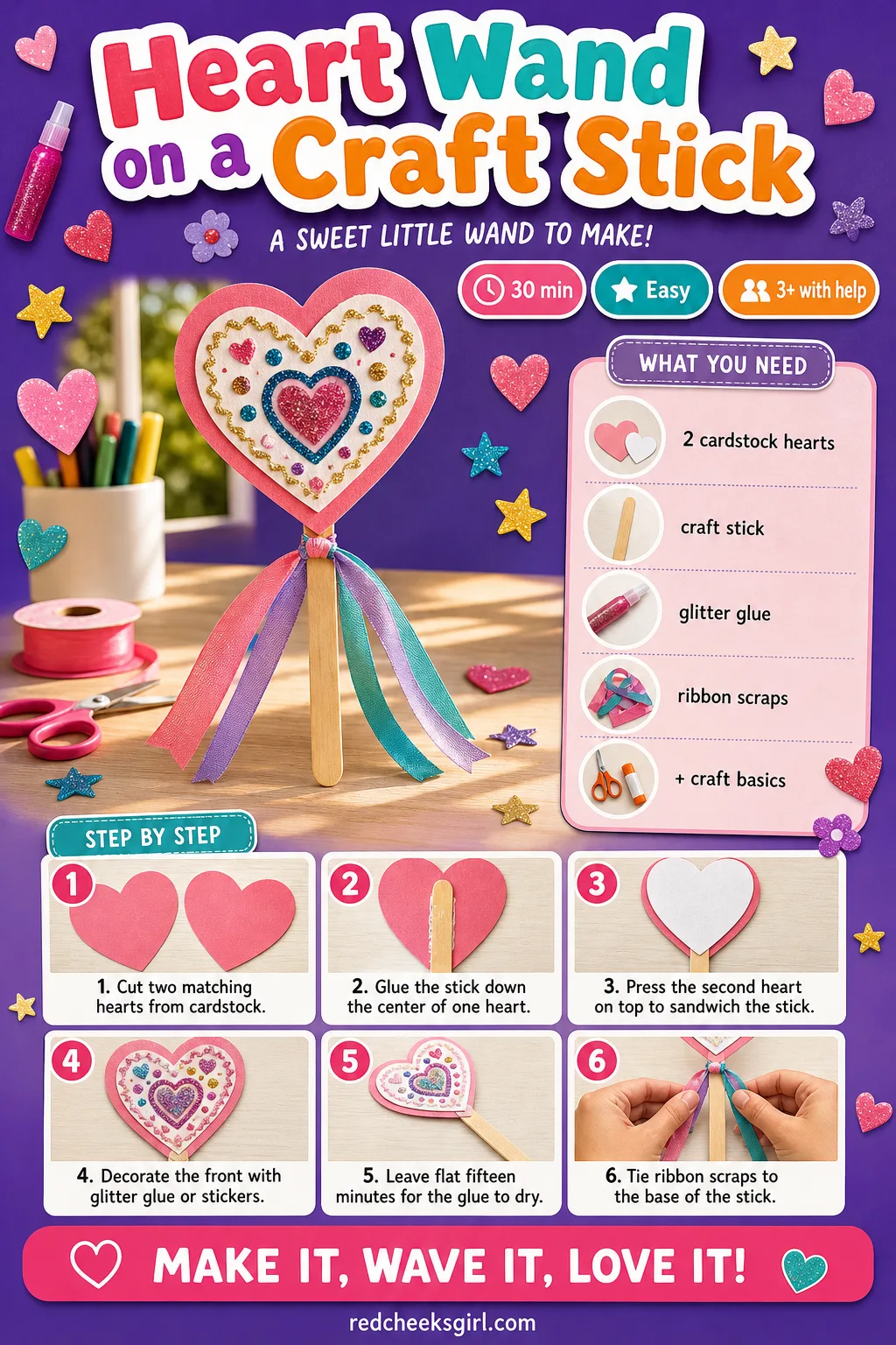 Heart Wand Craft Card printable sheet — Printable card with a finished heart wand photo, five materials and six steps. Preschool valentine crafts