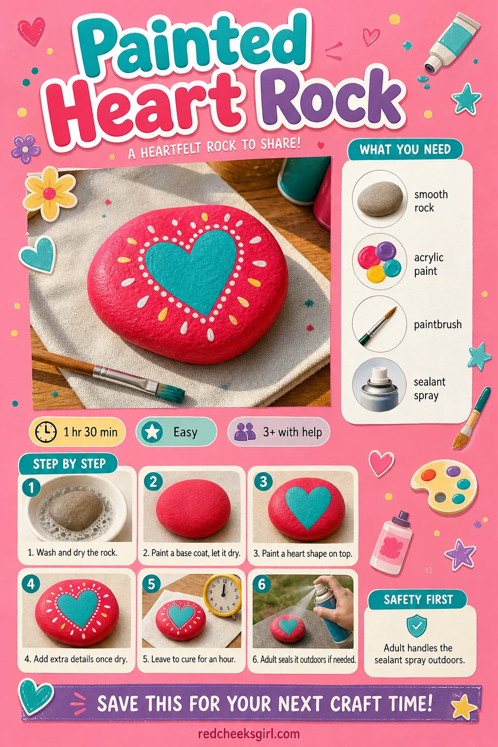 Painted Heart Rock Craft Card printable sheet — Printable card with a finished painted rock photo, four materials and six steps. Preschool valentine crafts