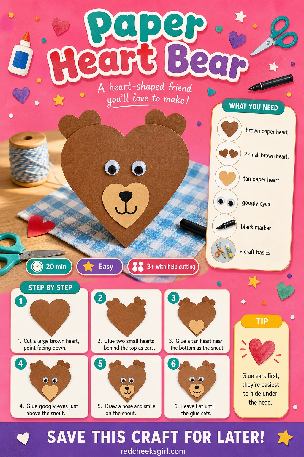 Paper Heart Bear Craft Card printable sheet — Printable card with a finished bear photo, the six materials and six steps. Preschool valentine crafts
