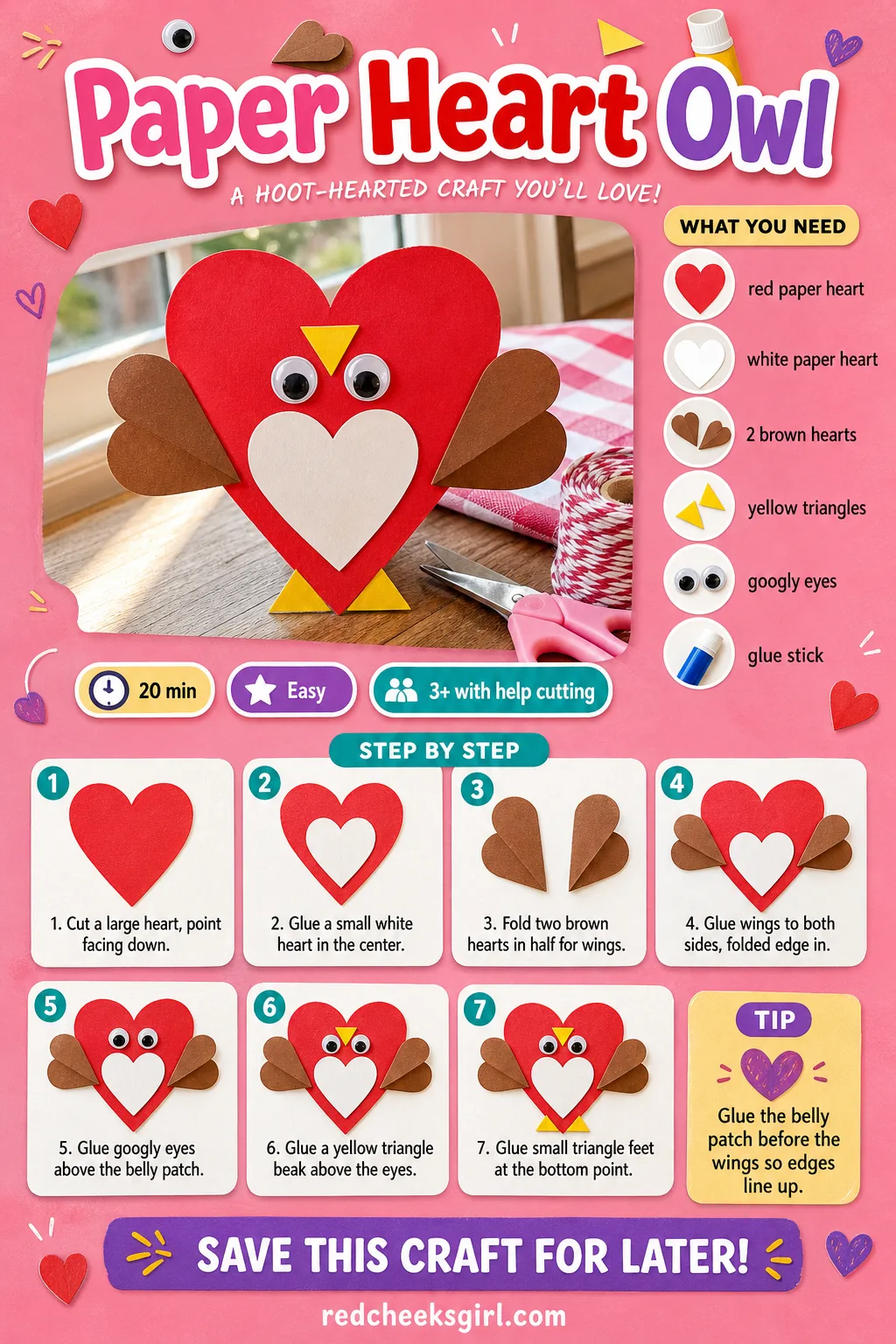 Paper Heart Owl Craft Card printable sheet — Printable card with a finished owl photo, the six materials and six steps. Preschool valentine crafts
