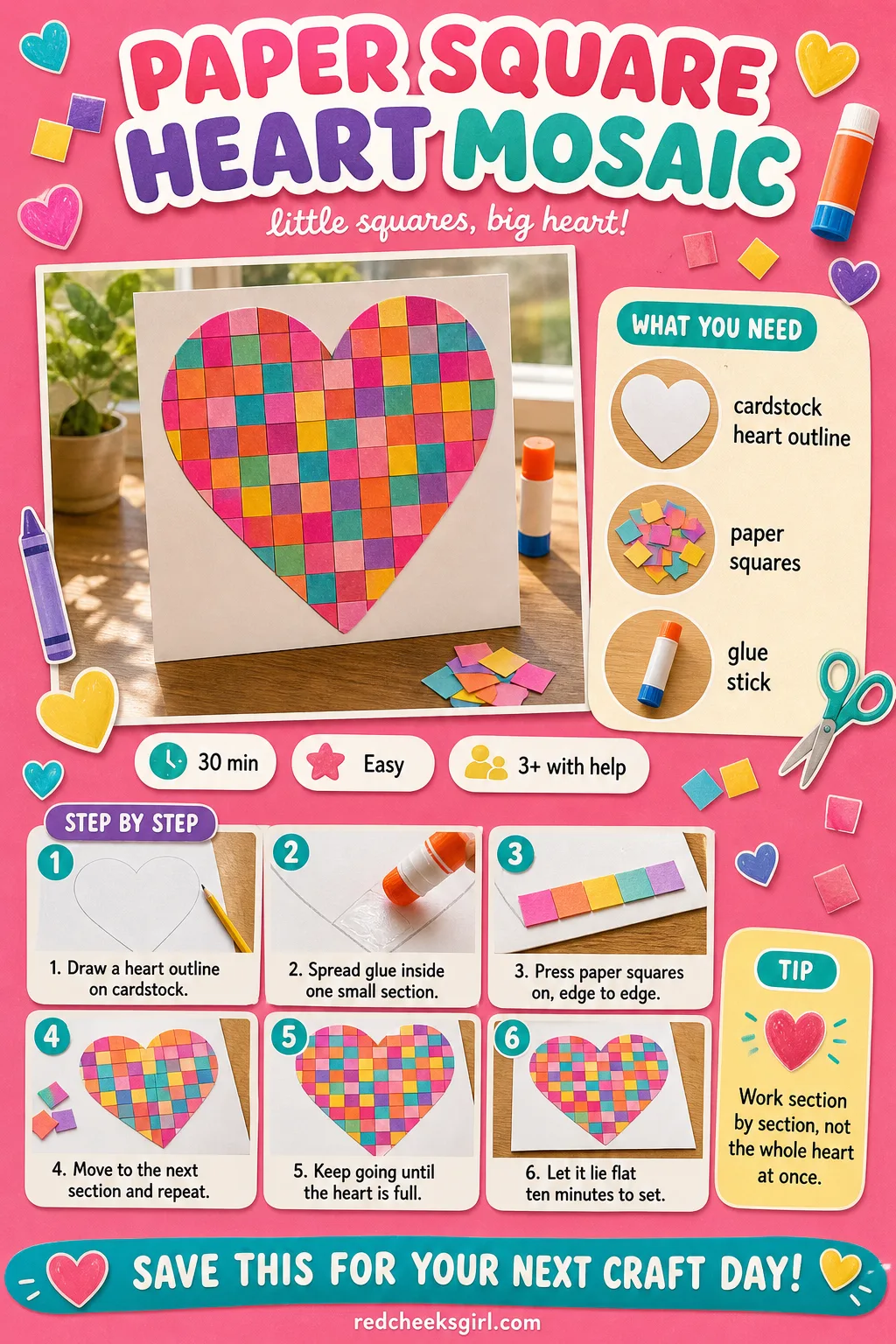 Paper Square Heart Mosaic Craft Card printable sheet — Printable card with a finished mosaic heart photo, three materials and five steps. Preschool valentine