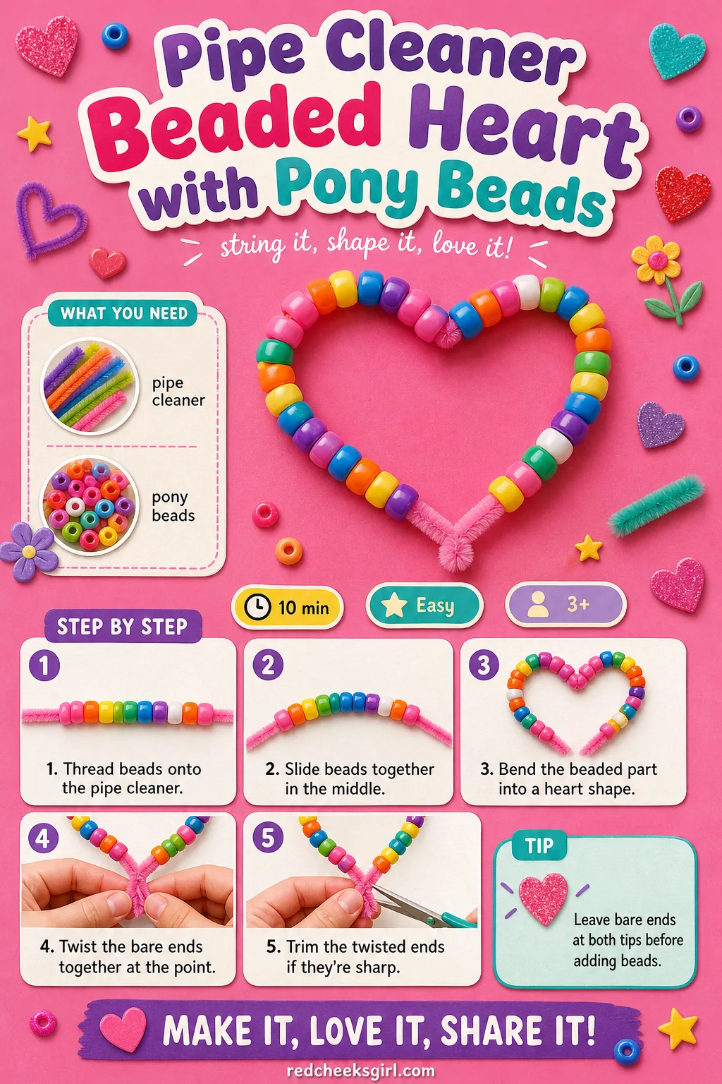 Pipe Cleaner Beaded Heart Craft Card printable sheet — Printable card with a finished beaded heart photo, two materials and five steps. Preschool valentine