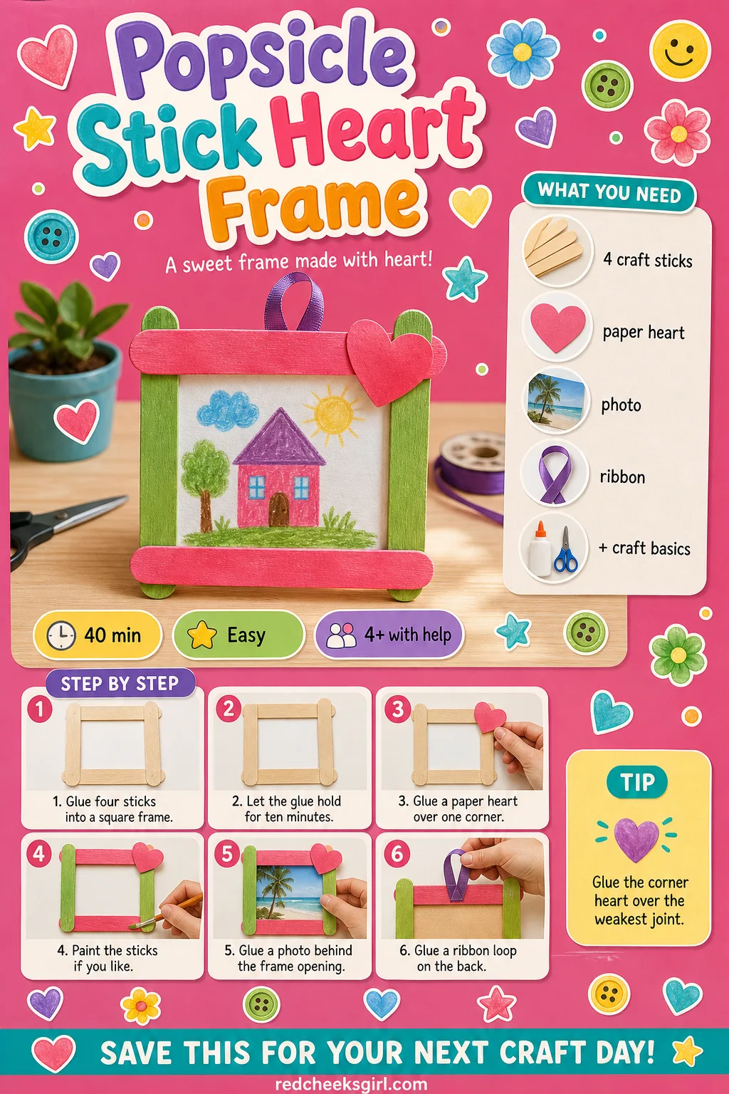 Popsicle Stick Heart Frame Craft Card printable sheet — Printable card with a finished stick frame photo, five materials and six steps. Preschool valentine