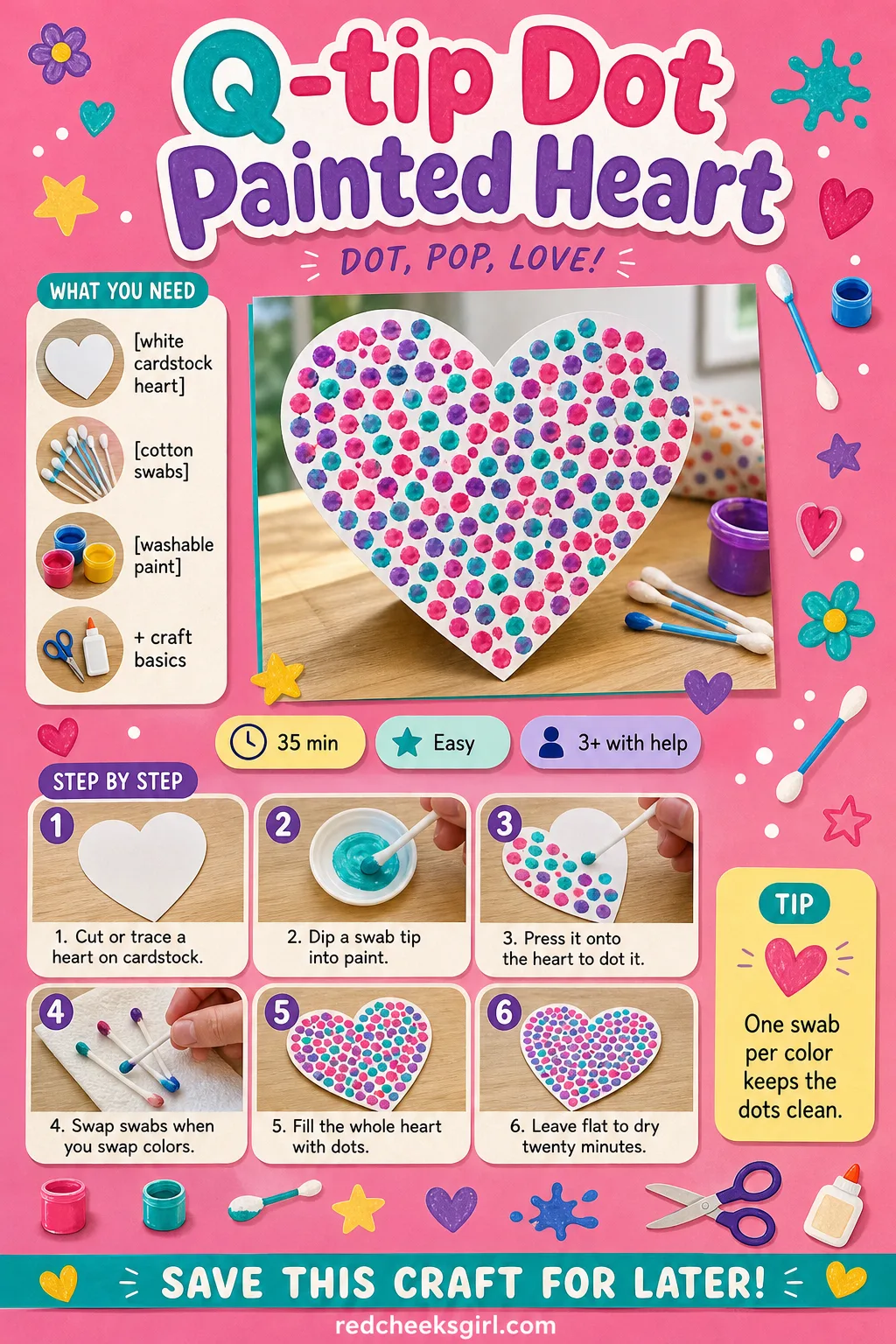 Q-tip Dot Painted Heart Craft Card printable sheet — Printable card with a finished dot-painted heart photo, four materials and five steps. Preschool valentine