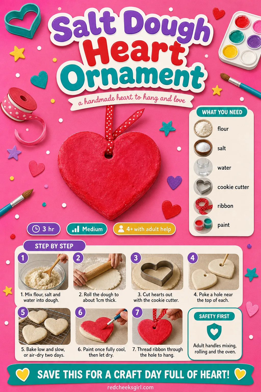 Salt Dough Heart Ornament Craft Card printable sheet — Printable card with a finished baked and painted ornament photo, six materials and seven steps.