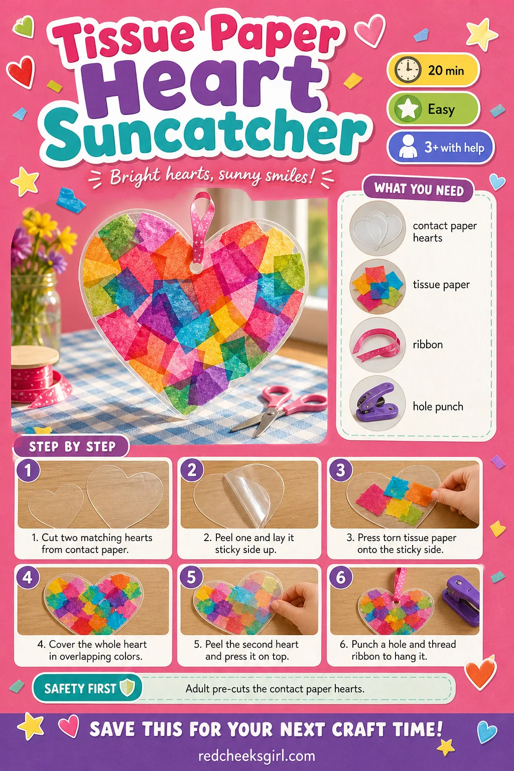 Tissue Paper Heart Suncatcher Craft Card printable sheet — Printable card with a finished suncatcher photo, four materials and five steps. Preschool valentine