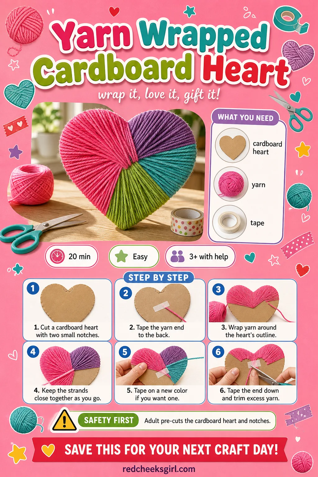 Yarn Wrapped Cardboard Heart Craft Card printable sheet — Printable card with a finished yarn heart photo, three materials and five steps. Preschool valentine