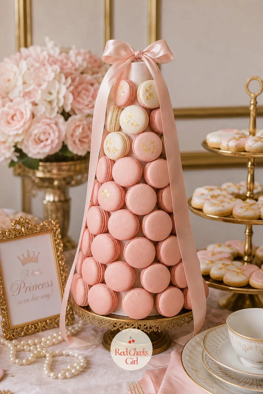 Blush Macaron Tower — A cone-shaped stand wrapped in satin ribbon holds rows of blush pink macarons, with a handful of ivory shells brushed lightly with gold