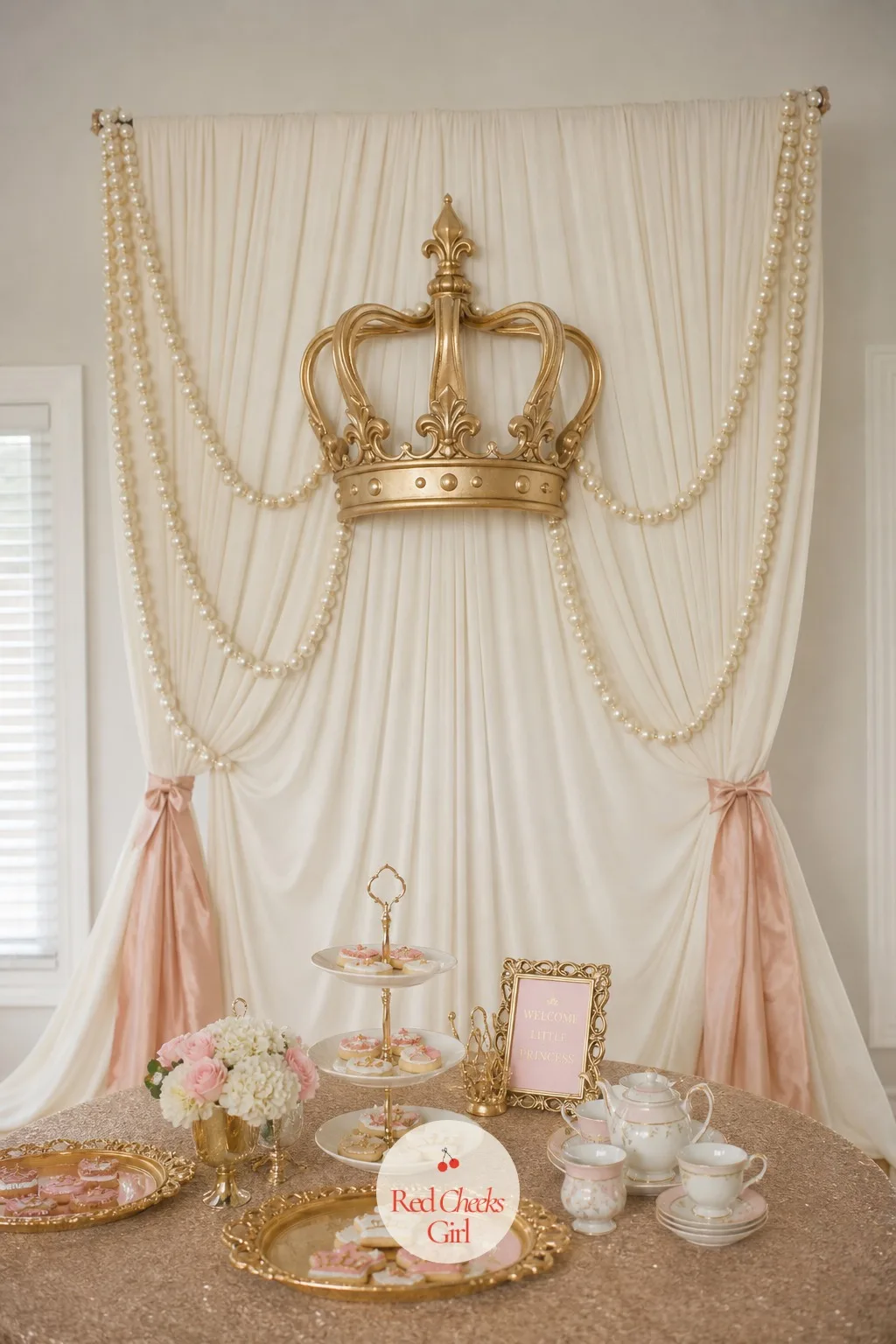 Crown Photo Backdrop — Ivory fabric panels hang from a frame or curtain rod, gathered softly at the sides, with a single oversized gold crown mounted at the