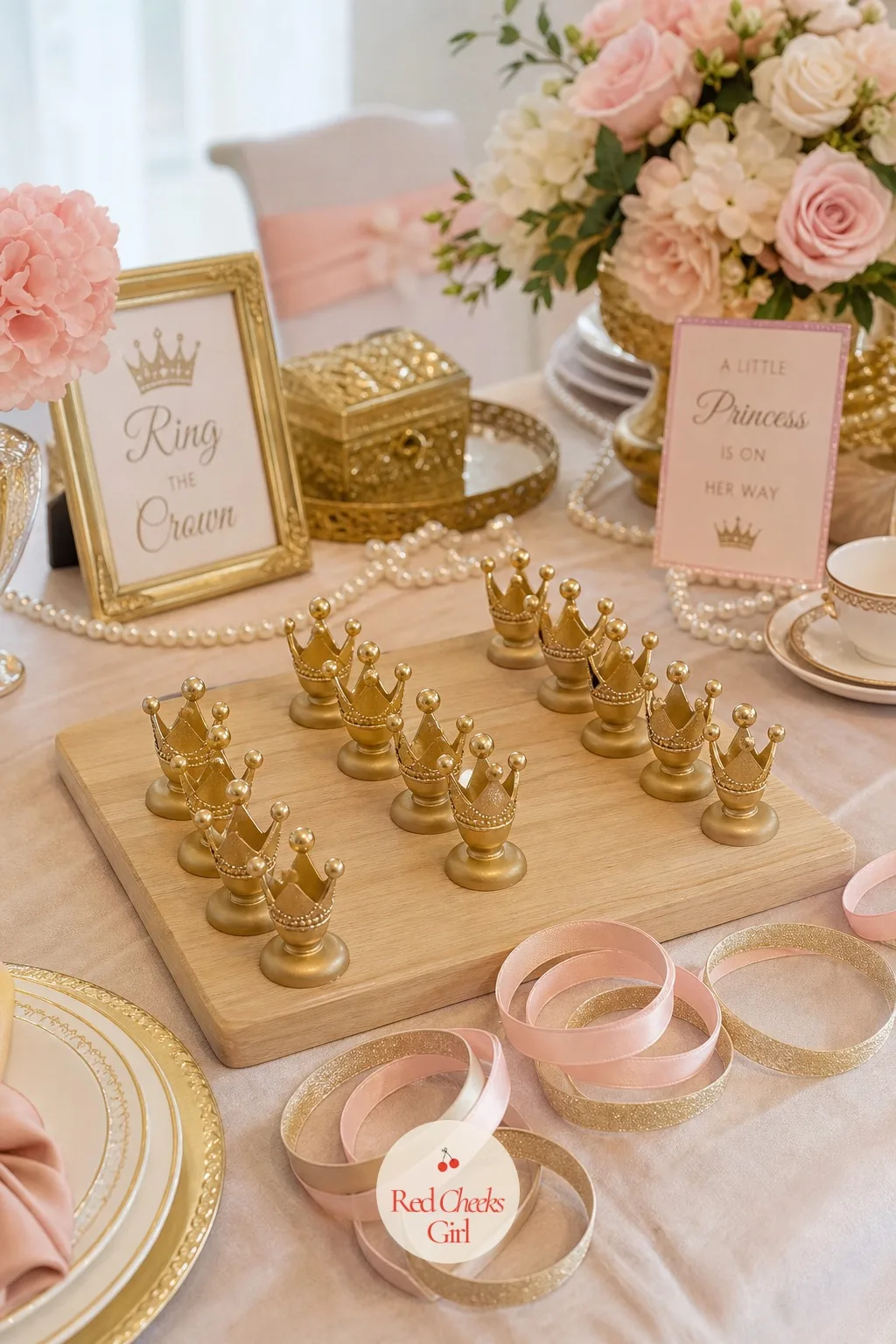 Crown Ring Toss Game — Several small gold crown toppers stand upright in rows on a weighted wooden base, waiting for guests to toss rings cut from sturdy blush