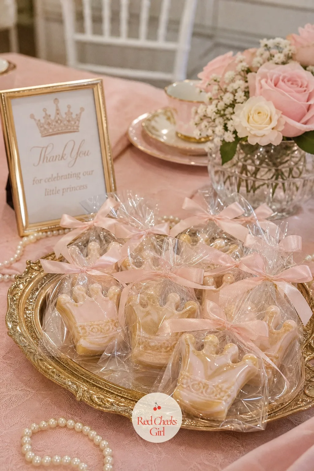 Crown-Shaped Soap Favors — Small bars of glycerin soap, molded into a simple crown shape with blush and gold mica swirled through, sit wrapped in cellophane