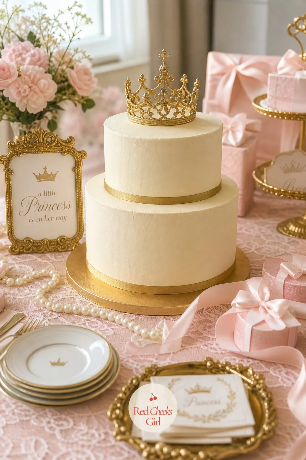 Crown-Topped Cake — Two tiers of ivory buttercream, iced smooth rather than ruffled, sit on a gold foil-covered board. Princess theme baby shower ideas