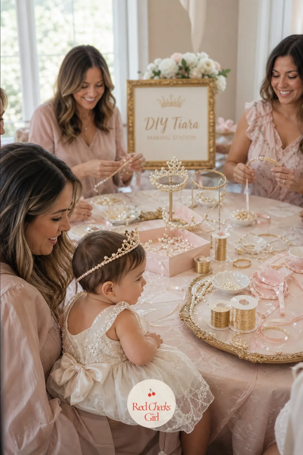 DIY Tiara Making Station — A table set with plain metal tiara bands, small dishes of pearl beads and rhinestones, and spools of fine gold wire lets each guest