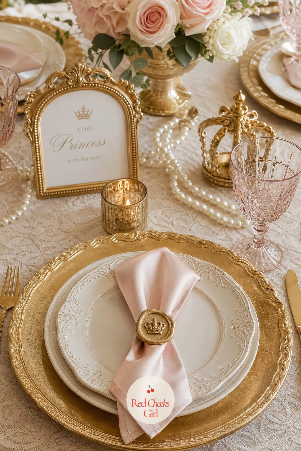 Gilded Charger Place Setting — A gold charger plate sits under an ivory dinner plate, with a blush napkin folded into a simple pocket across the top and a