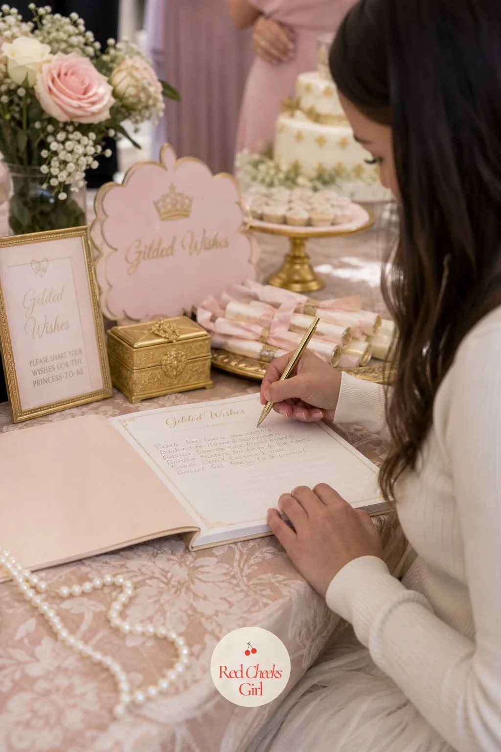 Gilded Wishes Scroll Guest Book — A small gold box sits beside a stack of blank paper scrolls, each pre-tied with a thin ribbon, where guests write a wish or a