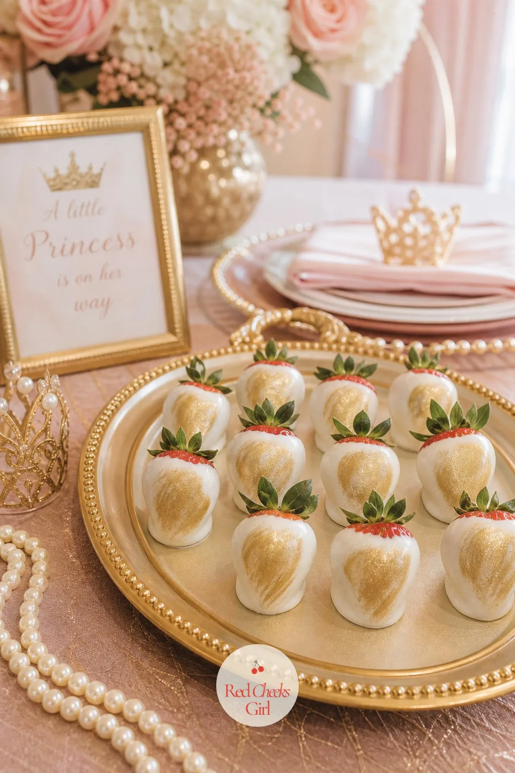 Gold-Dusted Chocolate-Dipped Strawberries — Fresh strawberries dipped halfway in melted white chocolate, then brushed with edible gold luster dust while the