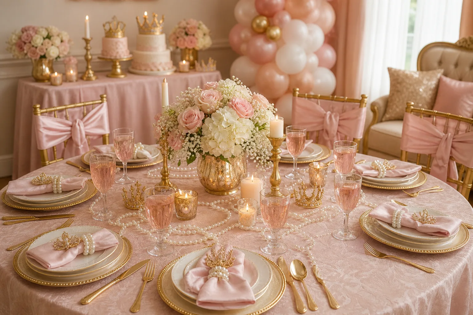 21 Princess Theme Baby Shower Ideas With Pearls, Gold and Blush