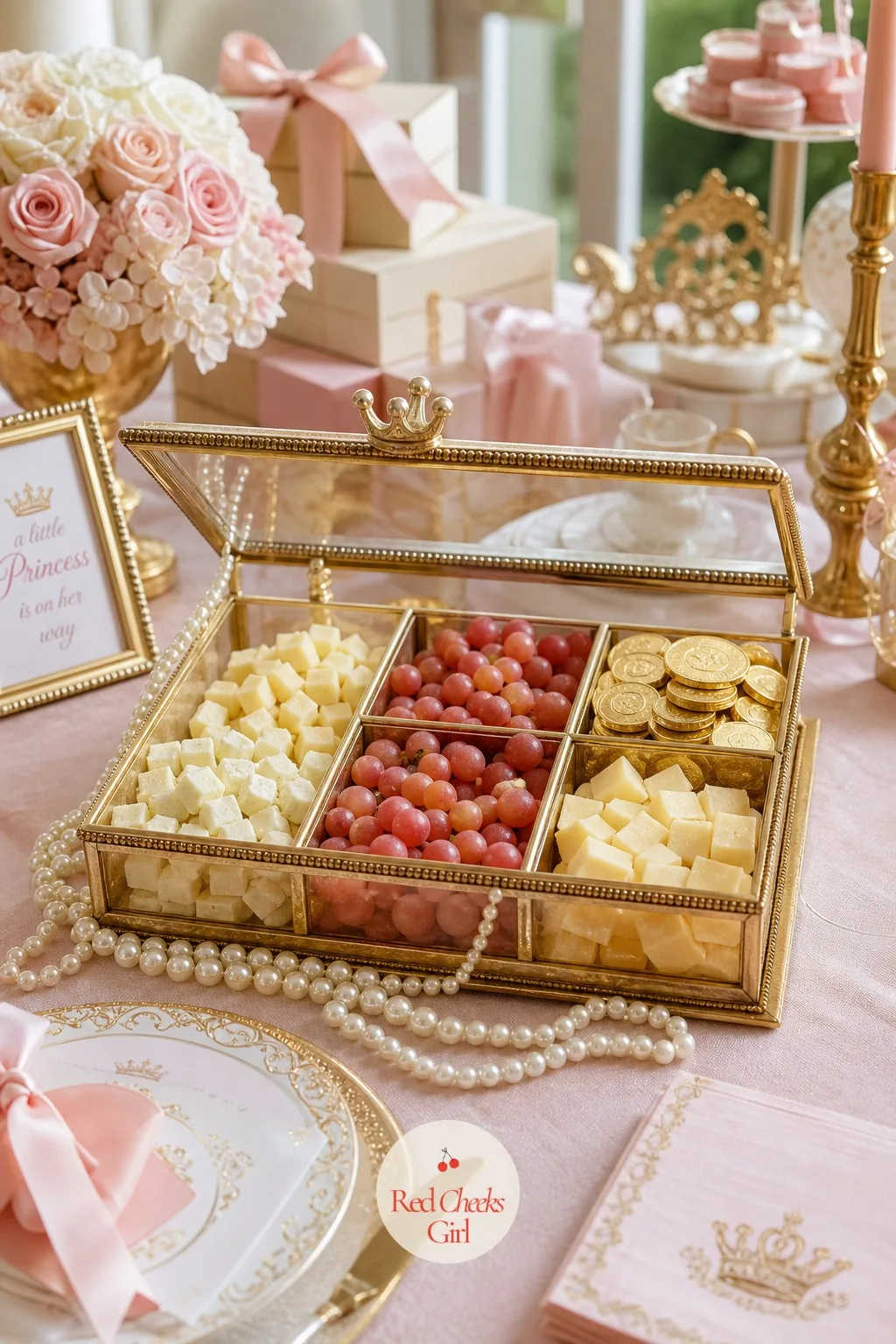 Jewel Box Charcuterie Board — A gold tray styled like an open jewelry box holds small compartments of cheese, dried apricots, blush colored grapes and gold