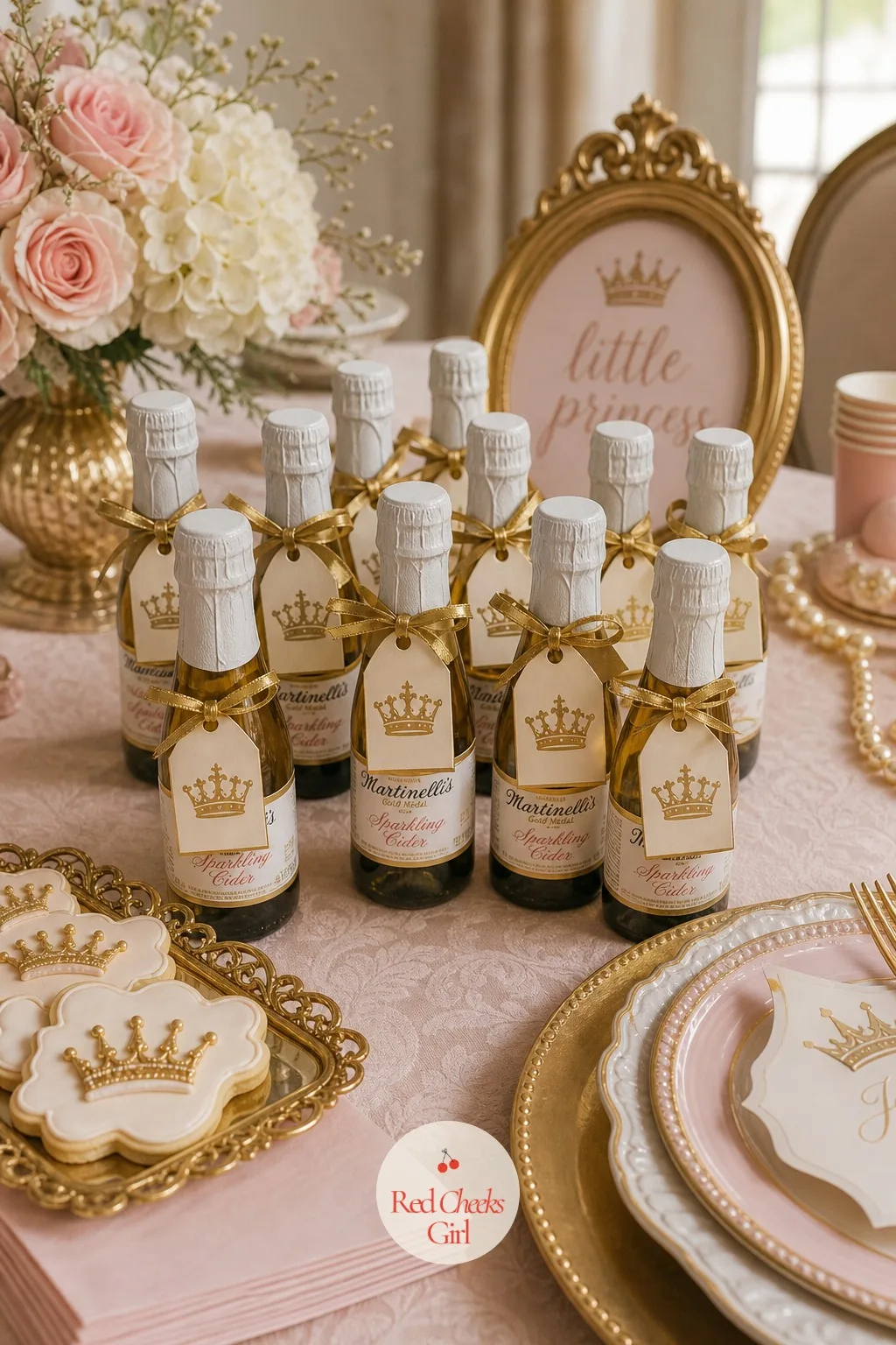 Mini Sparkling Cider Bottles with Gold Crown Tags — Small individual bottles of sparkling cider each have a thin gold ribbon tied around the neck, with a tiny