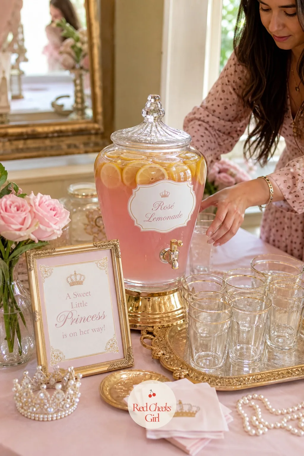 Rosé Lemonade Drink Station — A glass beverage dispenser holds pale pink lemonade, floating lemon wheels and a few loose rose petals, set on a gold tray