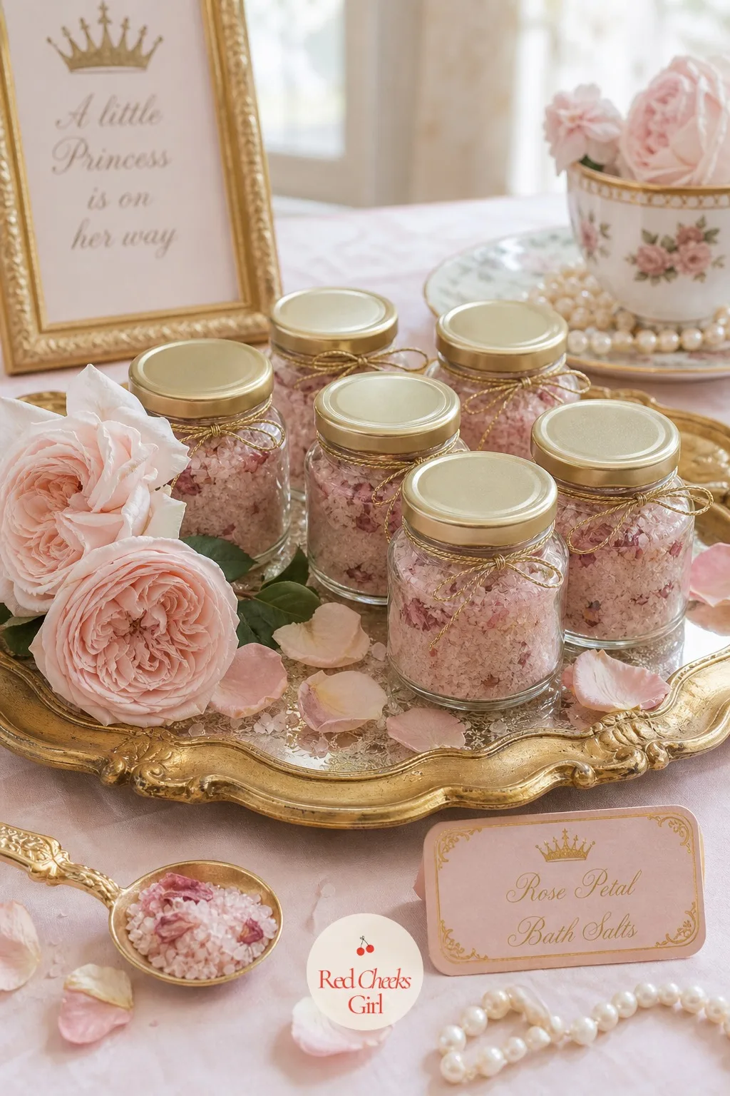 Rose Petal Bath Salt Jars — Small glass jars hold pale pink bath salts layered with a few dried rose petals pressed near the glass so they show through, sealed