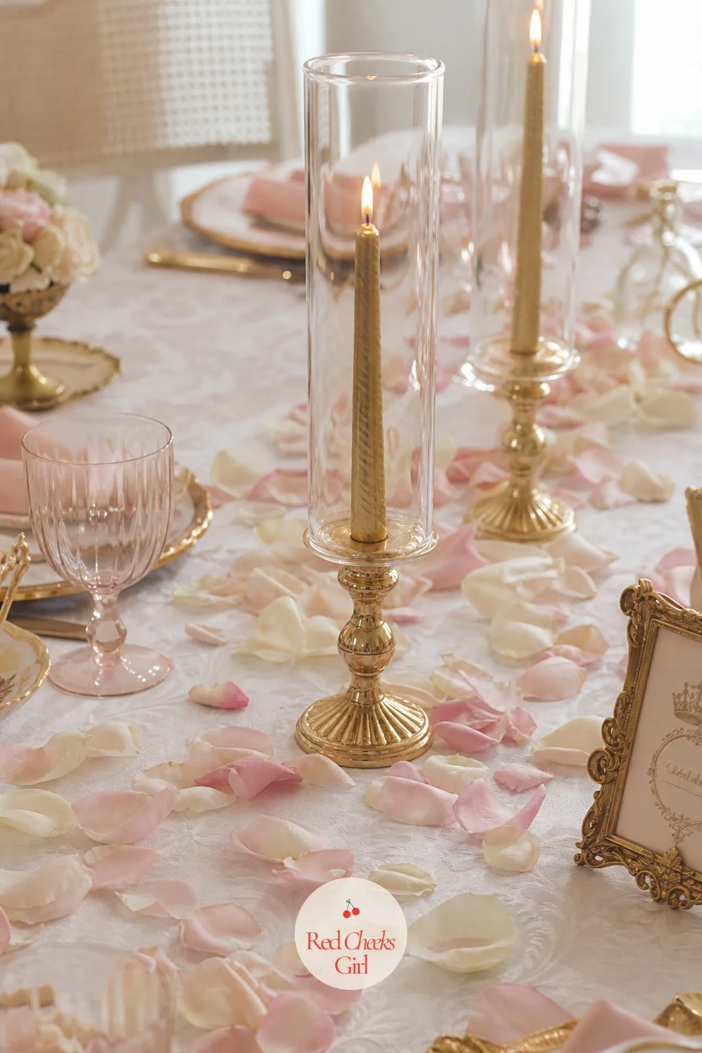 Rose Petal Table Scatter — Loose petals in blush and ivory scatter directly across the tablecloth, pooling thicker near the centerpiece and thinning out toward