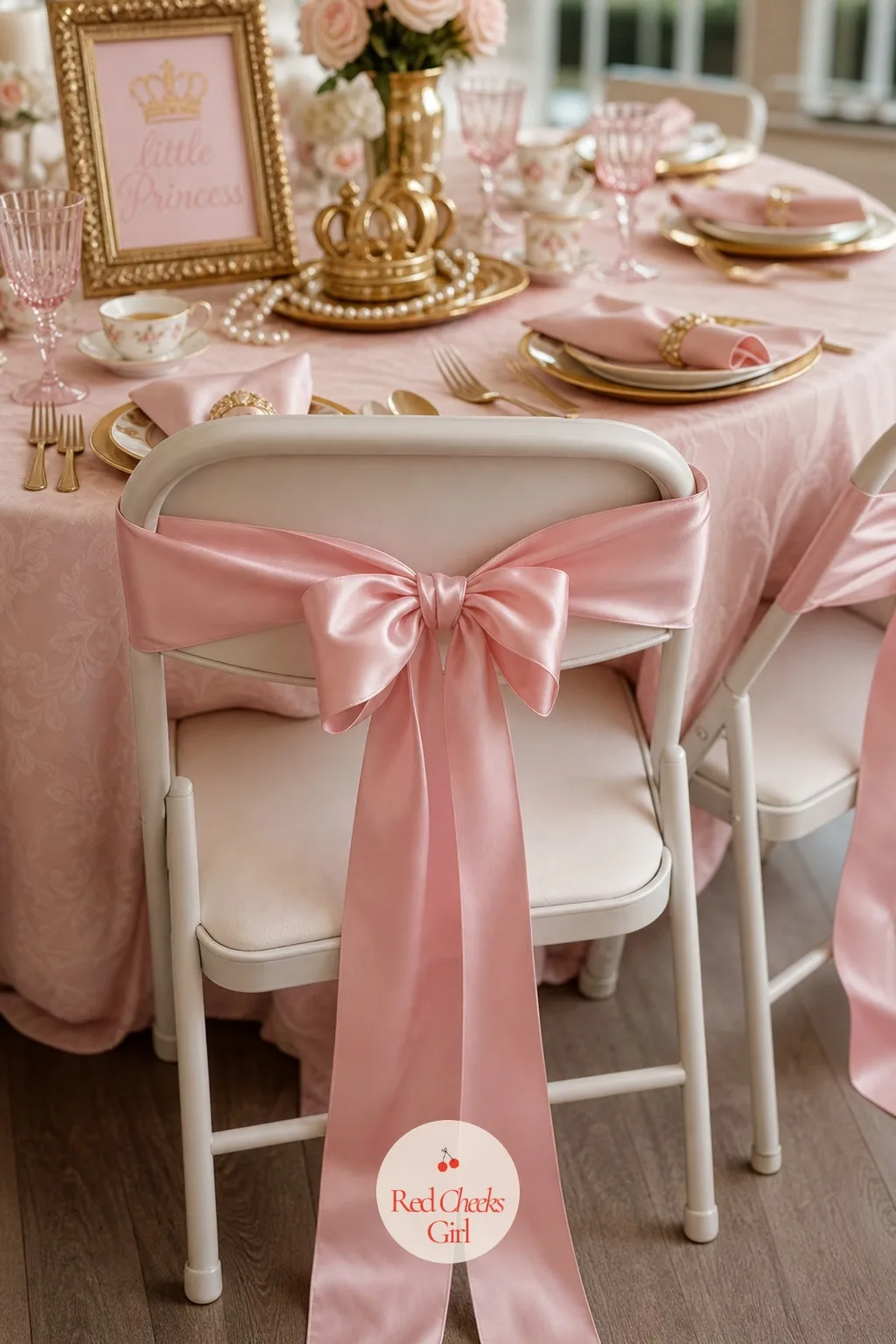 Satin Ribbon Chair Bows — A length of wide satin ribbon ties into a loose bow on the back of each chair, the tails left long enough to brush the seat