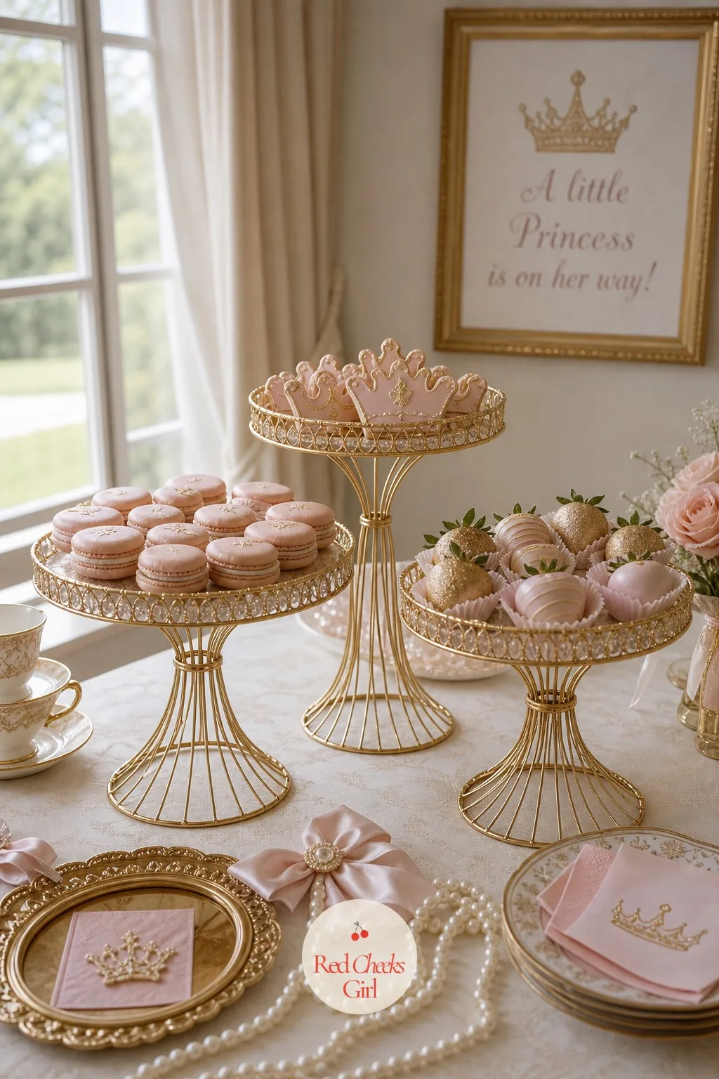 Tiered Cake Stands — Three stands in graduated heights, either gold wire or ivory ceramic, sit beside the cake rather than holding it. Princess theme baby