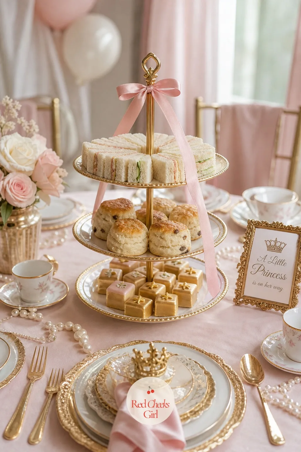 Tiered Tea Sandwich Stand — A three tier stand holds crustless finger sandwiches on the bottom, scones in the middle, and petit fours or candied almonds on