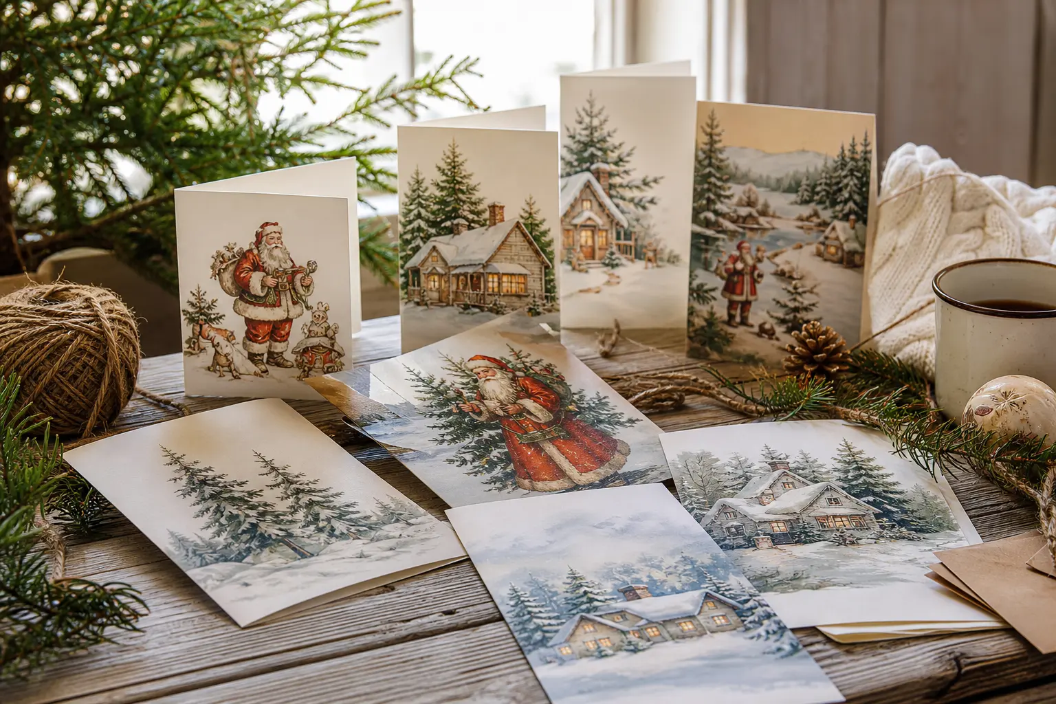 15 Printable Christmas Cards With Cozy Cottages, Vintage Santas and Snowy Forests