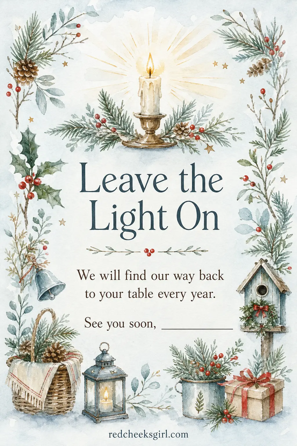 One Candle in the Window printable sheet — If you are the one hosting this year, this goes out before the invitations do, a way of saying the door is already
